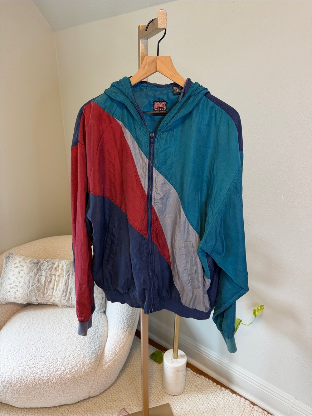 Vintage 90’s Athletic Works Teal Navy Red Colorblock Hooded Performance Jacket